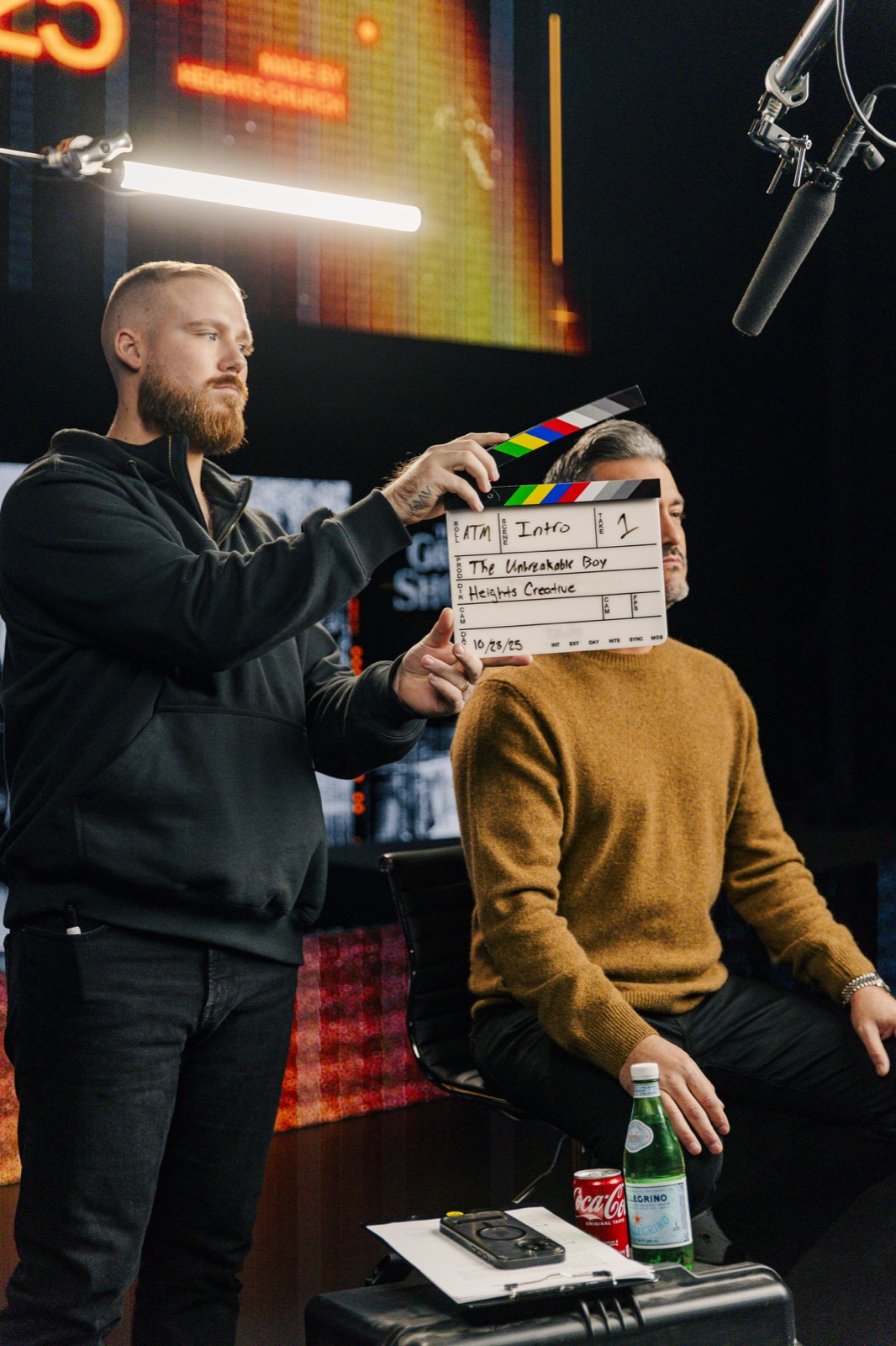The crew preparing a take on the Heights Church set